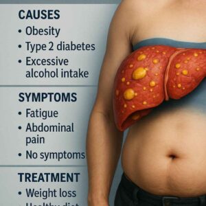Illustration showing fatty liver disease with a visual of an enlarged liver containing fat deposits, alongside listed causes such as obesity, type 2 diabetes, and excessive alcohol intake, common symptoms including fatigue and abdominal pain, and treatment options like weight loss, healthy diet, and medication.