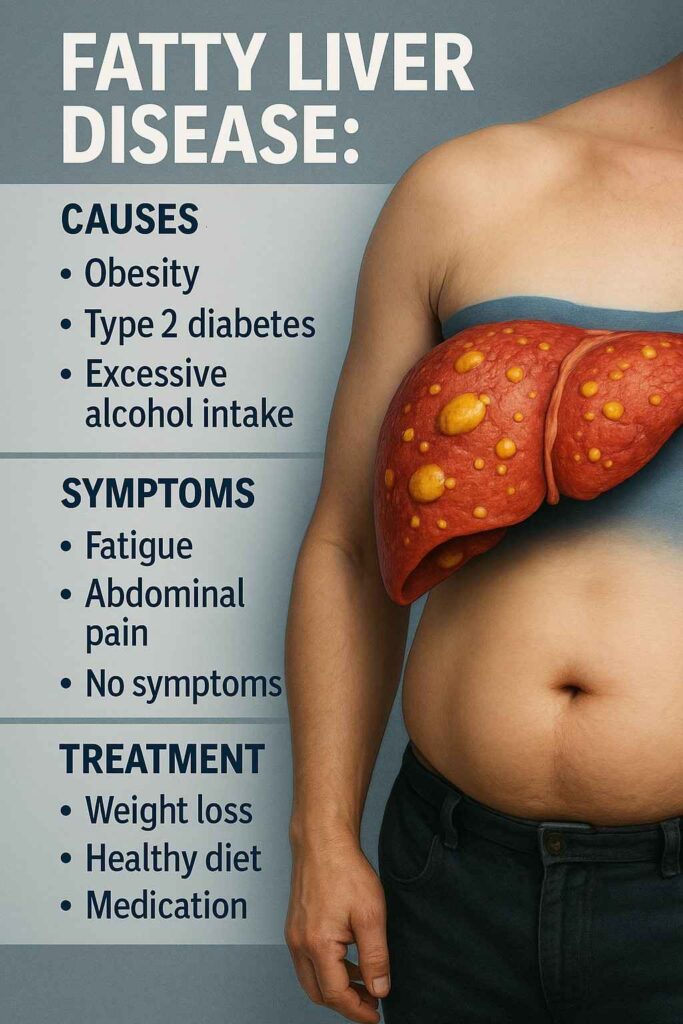 Illustration showing fatty liver disease with a visual of an enlarged liver containing fat deposits, alongside listed causes such as obesity, type 2 diabetes, and excessive alcohol intake, common symptoms including fatigue and abdominal pain, and treatment options like weight loss, healthy diet, and medication.