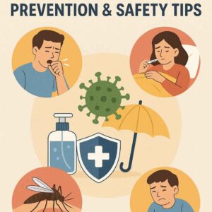 A beige informational poster titled "Top Seasonal Diseases in India: Prevention & Safety Tips." Four circular illustrations depicting common symptoms and vectors surround a central cluster of icons. The illustrations show a man coughing, a woman checking her temperature with a thermometer, a mosquito biting skin, and a boy clutching his stomach in pain. The central icons include a green virus, a bottle of hand sanitizer, a blue medical shield with a white cross, and a yellow umbrella