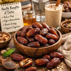 An image showing dates with glass and a notebook