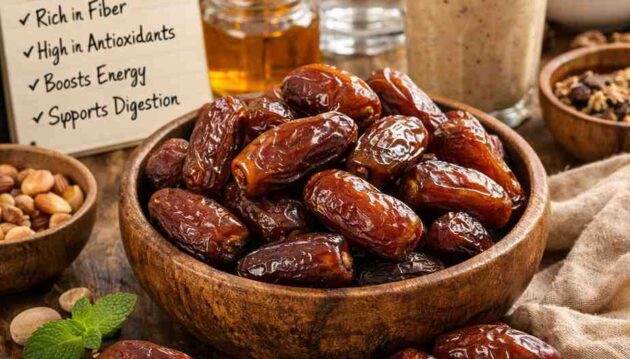 An image showing dates with glass and a notebook