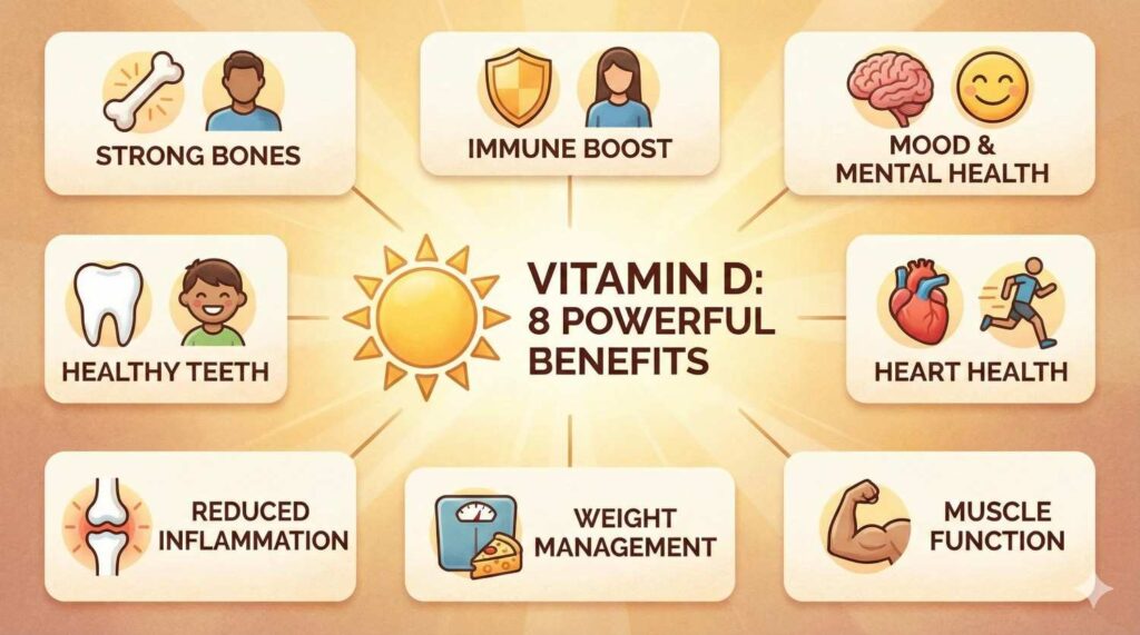 Vitamin D benefits infographic showing 8 key advantages including strong bones, immune system support, heart health, and muscle function